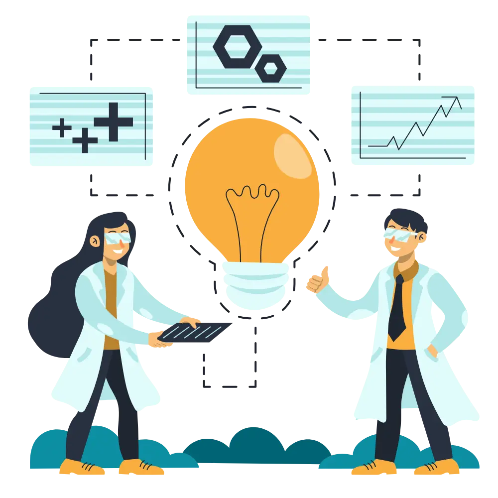 Two scientists in lab coats discuss ideas, represented by a large lightbulb. Charts and graphs float above, symbolizing innovation and analysis.