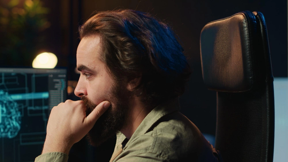 A bearded man sits in a dark room, intensely gazing at a computer screen displaying complex data. The atmosphere is focused and contemplative.
