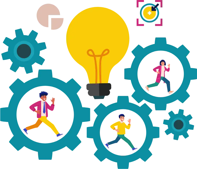 Illustration of three people running inside teal gears against a black background, symbolizing teamwork. A large yellow light bulb signifies ideas.