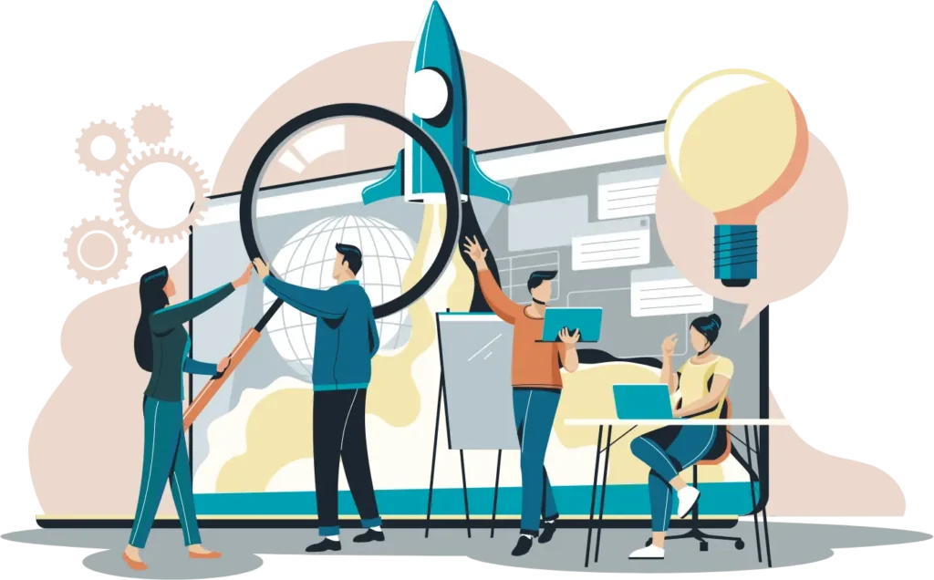 Illustration of three people analyzing data with a magnifying glass and a rocket model, symbolizing innovation. A large light bulb represents ideas.