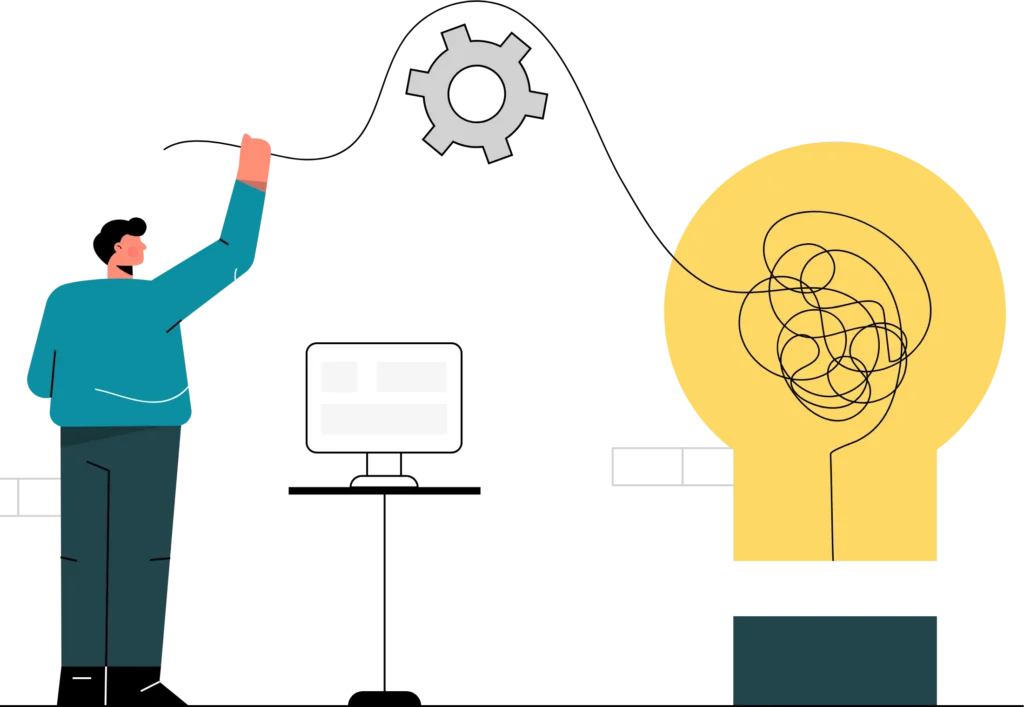Illustration of a person reaching upwards toward a gear, symbolizing innovation. A tangled scribble in a lightbulb suggests complex problem-solving.