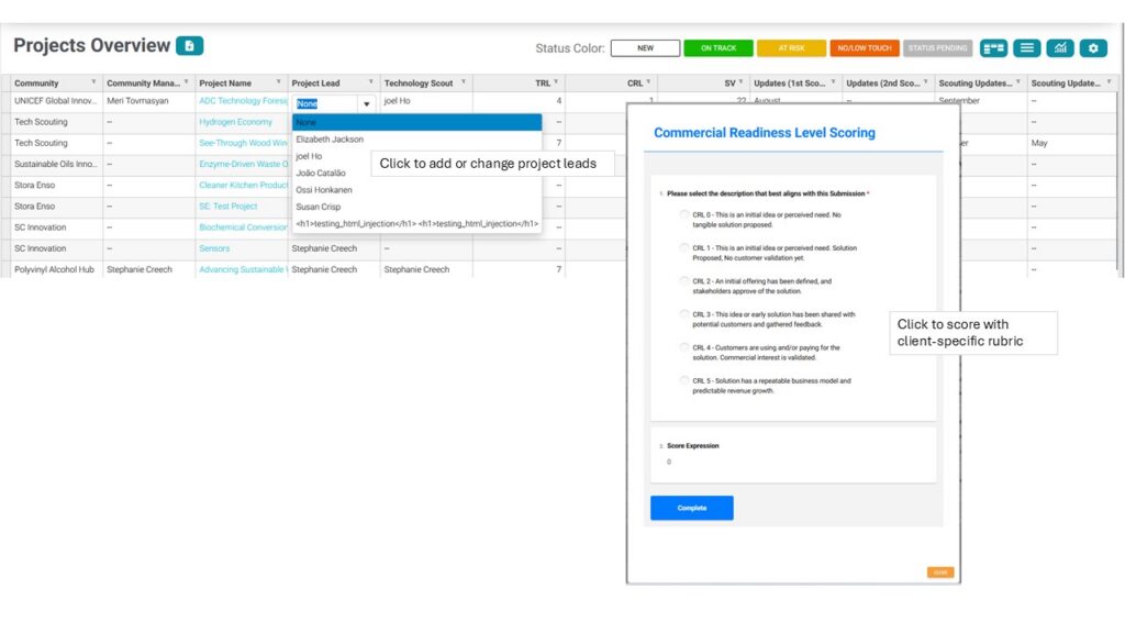 Innovation pipeline grid view showing inline team assignment and client-defined CRL scoring rubric