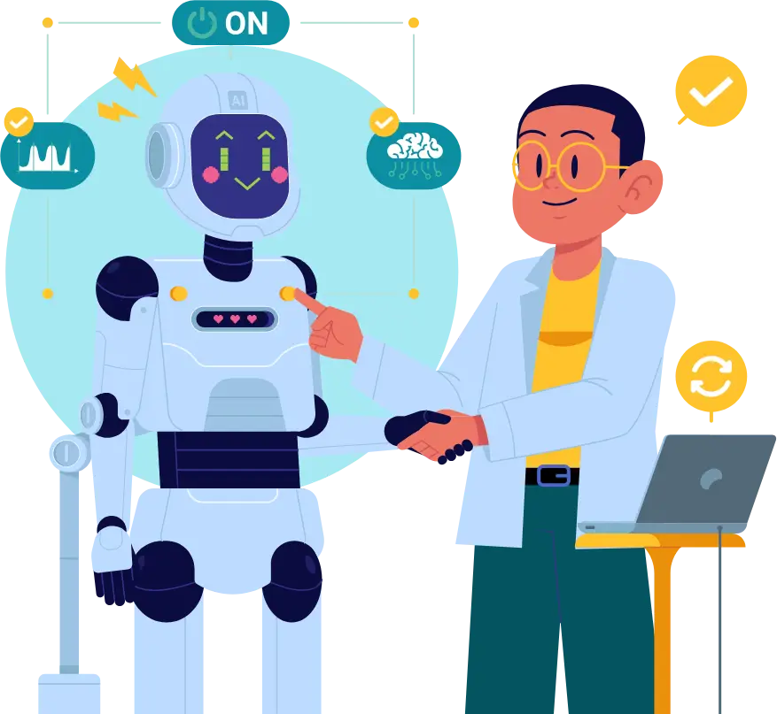 A scientist shakes hands with a smiling robot, indicating a successful collaboration. The background has AI symbols, a laptop, and interface icons.