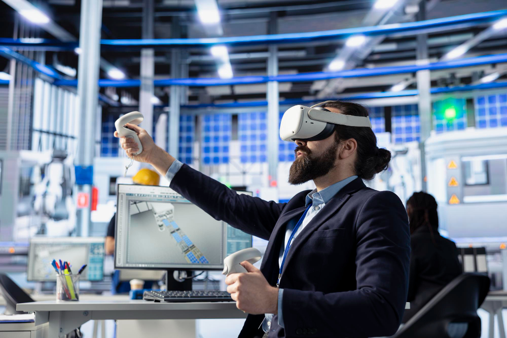 A man in a suit uses virtual reality gear, immersed in a high-tech office with computer monitors. The atmosphere is modern and innovative.