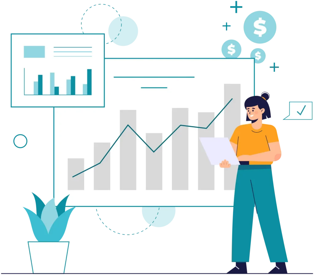 Illustration of a person analyzing charts, holding a tablet. Background includes graphs and dollar symbols, conveying data analysis and financial growth.