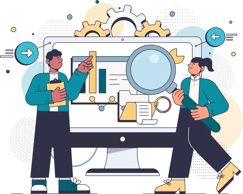 Two illustrated people analyzing data on a large computer screen. One points at graphs, while the other holds a magnifying glass, depicting teamwork.