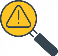 A Magnifying glass with a warning sign in the middle